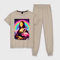 Пижама хлопковая женская Мона Лиза - лампочка и розовый фламинго, цвет: миндальный