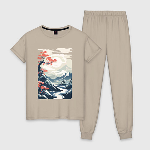 Женская пижама Горный пейзаж в японском стиле / Миндальный – фото 1