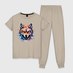 Пижама хлопковая женская Волк акварель 1, цвет: миндальный