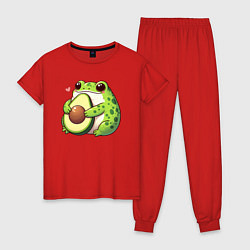 Пижама хлопковая женская Лягушка обнимает авокадо, цвет: красный
