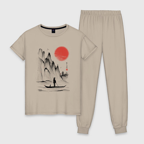 Женская пижама Традиционный японский пейзаж с рыбаком и горами / Миндальный – фото 1