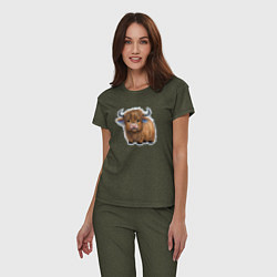 Пижама хлопковая женская Шотландский волосатый бык, цвет: меланж-хаки — фото 2