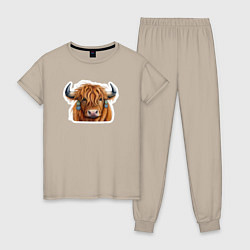 Пижама хлопковая женская Шотландский волосатый бык, цвет: миндальный