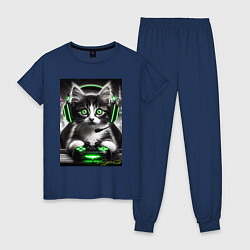 Пижама хлопковая женская Котёнок командный геймер - киберспорт, цвет: тёмно-синий