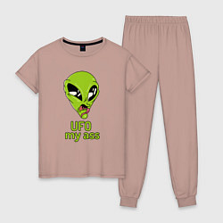 Пижама хлопковая женская Зеленый пришелец НЛО с надписью UFO my ass, цвет: пыльно-розовый