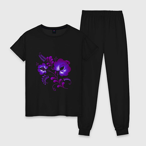 Женская пижама Веточка с цветами - фиолетовая гжель / Черный – фото 1