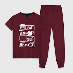 Пижама хлопковая женская Eat sleep code repeat арт, цвет: меланж-бордовый