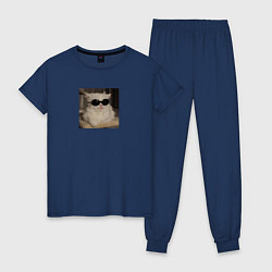 Пижама хлопковая женская Кот мем в крутых очках, цвет: тёмно-синий