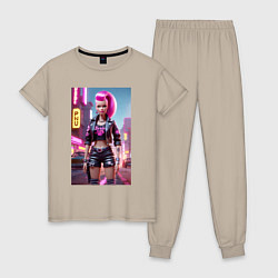 Пижама хлопковая женская Барби в кожаных шортах - модница, цвет: миндальный