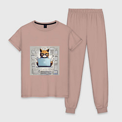 Пижама хлопковая женская Кот программист за ноутбуком, цвет: пыльно-розовый