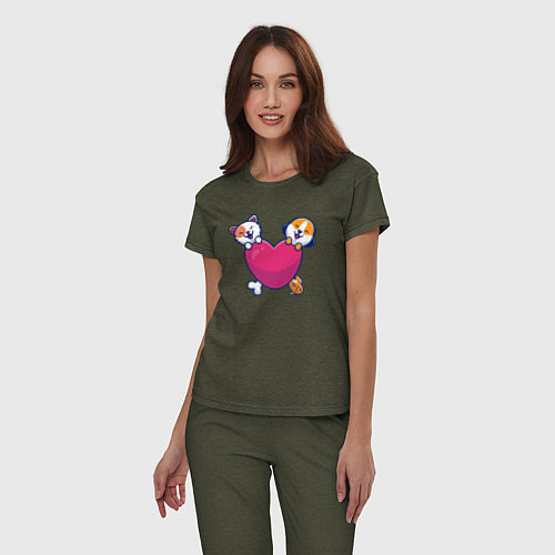 Женская пижама Котик и пёсик / Меланж-хаки – фото 3