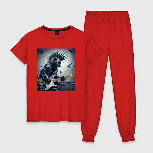 Женская пижама Котёнок панк гитарист - нейросеть / Красный – фото 1