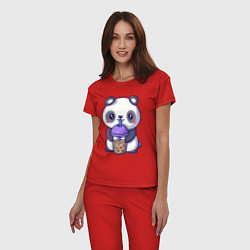 Пижама хлопковая женская Panda drink, цвет: красный — фото 2