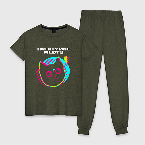 Женская пижама Twenty One Pilots rock star cat / Меланж-хаки – фото 1