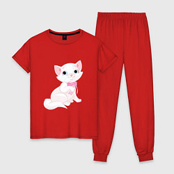 Пижама хлопковая женская Очаровательная милая кошечка с розовым бантиком, цвет: красный