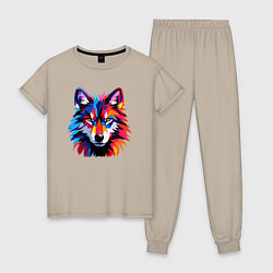 Пижама хлопковая женская Красочный волк поп арт, цвет: миндальный