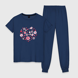 Пижама хлопковая женская Сердечко с цветами, цвет: тёмно-синий