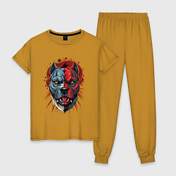 Пижама хлопковая женская Свирепый питбуль голова, цвет: горчичный