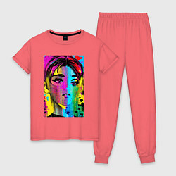 Пижама хлопковая женская Портрет девушки - нейросеть, цвет: коралловый