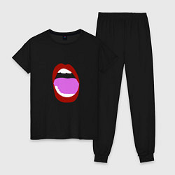 Пижама хлопковая женская Открытый рот в мультяшном стиле красные губы секси, цвет: черный