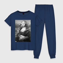Пижама хлопковая женская Черная-белая Мона Лиза с глюками, цвет: тёмно-синий