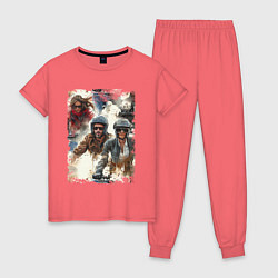 Пижама хлопковая женская Мотокросс -акварель, цвет: коралловый