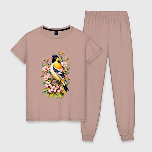 Женская пижама Черноголовый щегол среди цветов / Пыльно-розовый – фото 1