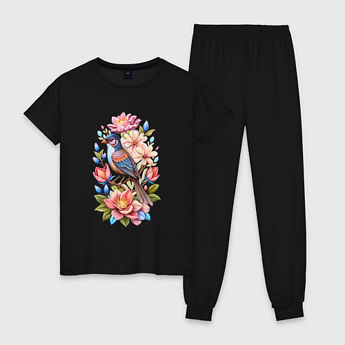 Женская пижама Птица Калипта Анны среди цветов / Черный – фото 1