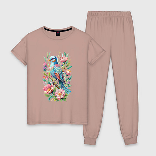 Женская пижама Красивая голубая птица среди цветов / Пыльно-розовый – фото 1