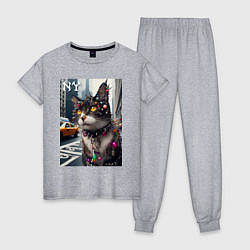 Пижама хлопковая женская Пирсинг Нью-Йоркского кота - нейросеть, цвет: меланж