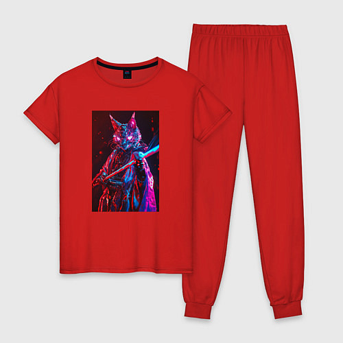 Женская пижама Кот самурай киберпанк / Красный – фото 1