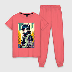 Пижама хлопковая женская Девочка котёнок - нейросеть, цвет: коралловый