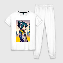 Пижама хлопковая женская Kitten girl - cyberpunk, цвет: белый