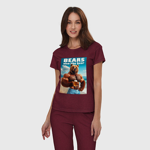 Женская пижама Bear also like beer - slogan / Меланж-бордовый – фото 3