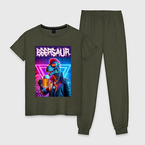 Женская пижама Cyber beersaur - neon glow / Меланж-хаки – фото 1