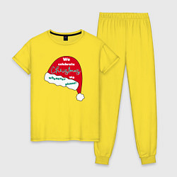 Пижама хлопковая женская Шапка Санта Клауса - мы празднуем Рождество когда, цвет: желтый