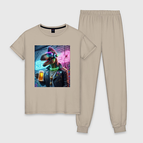 Женская пижама Dinosaur dude with a beer mug wearing headphones a / Миндальный – фото 1