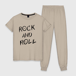 Пижама хлопковая женская Леттеринг надпись rock and roll в стиле Гранж, цвет: миндальный