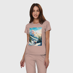Пижама хлопковая женская Лыжник в горах, цвет: пыльно-розовый — фото 2
