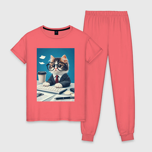Женская пижама Котёнок офисный планктон - нейроарт / Коралловый – фото 1