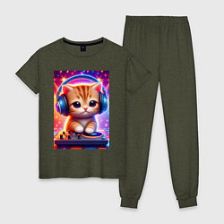 Пижама хлопковая женская Cutie kitten DJ - neon glow, цвет: меланж-хаки