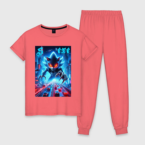 Женская пижама Hedgehog in neon metropolis - ai art / Коралловый – фото 1