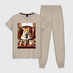 Пижама хлопковая женская Рыжий кот босс - нейроарт, цвет: миндальный