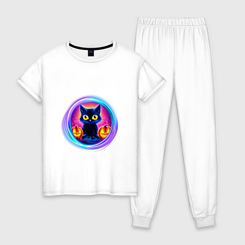 Женская пижама Кот неоновый с тыквами / Белый – фото 1