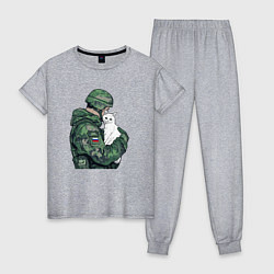 Пижама хлопковая женская Русский солдат с белой кошечкой, цвет: меланж
