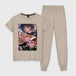 Пижама хлопковая женская Клинок рассекающий демонов Тандзиро Камадо, цвет: миндальный