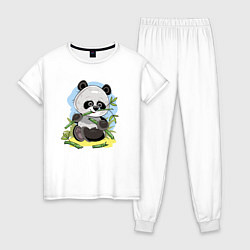 Пижама хлопковая женская Медвежонок панда ест бамбук, цвет: белый