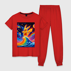 Пижама хлопковая женская Огненный Пикачу на волне - нейроарт фантазия, цвет: красный