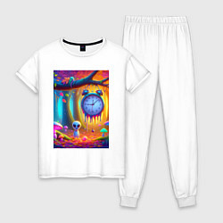 Пижама хлопковая женская Психоделический осенний фрагмент с будильником, цвет: белый