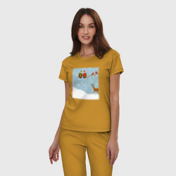Пижама хлопковая женская Новогодние птицы на ветке, цвет: горчичный — фото 2